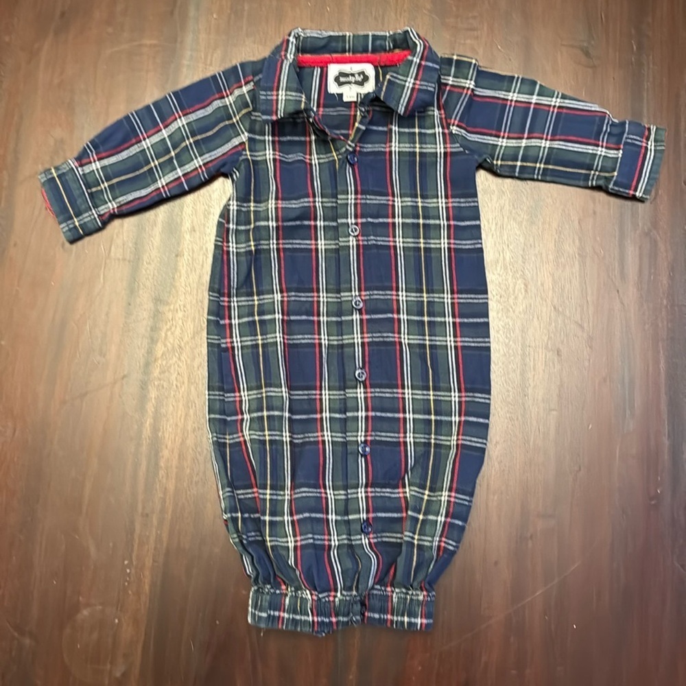 Mud Pie green plaid onesie with red elbow pad size 3-6M